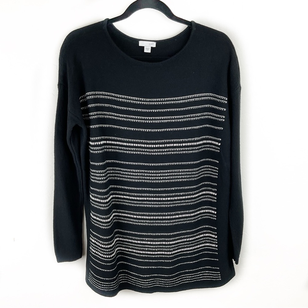 J. Jill Textured Stripe Black Vented Hem Tunic Sweater